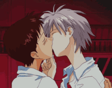 a couple of anime characters kissing with the letter w on their hair