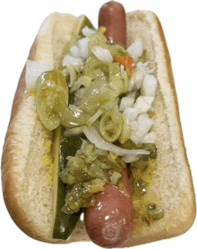 a hot dog on a bun with pickles and onions on it