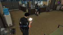 a police officer is looking at a tablet in a game