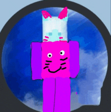 a drawing of a purple cat with a white head and ears .