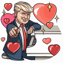 a cartoon of donald trump pointing at the camera with hearts around him