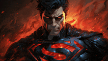 a painting of superman with red eyes and a red s logo