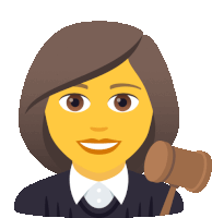 a judge with a yellow face is smiling and holding a judge 's gavel