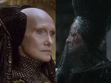 a woman with a bald head and a woman with a black veil on her face .