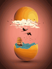 an orange sphere with birds flying out of it and a sailboat in the ocean