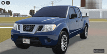 a blue nissan truck has a license plate that says one-221