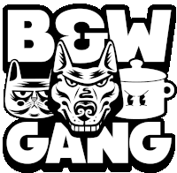 a black and white drawing of a dog a cat and a pot with the words bgw gang