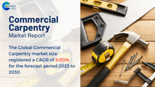 the cover of a commercial carpentry market report with a picture of tools on a wooden table