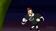 a cartoon of a man with a beard wearing a black shirt that says ign