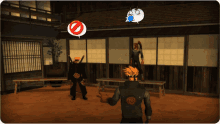 a video game scene with a speech bubble with a red circle on it