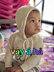 a baby wearing a white hooded shirt with the word vay a ha written on it