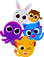 a group of cartoon characters including a lion an octopus a rabbit an owl and a cat