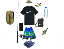 a collection of fishing gear including a nike shirt