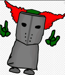 a cartoon drawing of a clown wearing a knight 's helmet and giving a peace sign