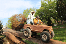 two monkeys are riding in a toy jeep going down a wooden ramp