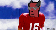 a pixel art of a football player wearing sunglasses and the number 16