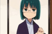 a cartoon girl with green hair and glasses is standing in front of a picture frame