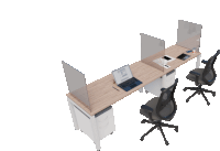 a desk with a laptop on top of it and two chairs