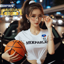 a woman wearing a mixparlay shirt holds a basketball in front of a car