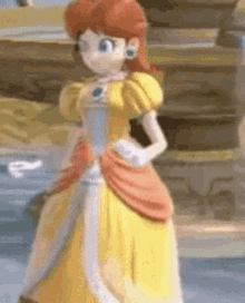 princess daisy is wearing a yellow dress and standing with her hands on her hips in a video game .