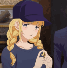 a blonde anime girl wearing a purple baseball cap