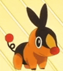 a cartoon rabbit with a red nose and ears is standing on a yellow background .