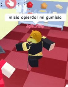 a dog wearing a black shirt is dancing in a room with the words misia opierdol mi gumisia written above it