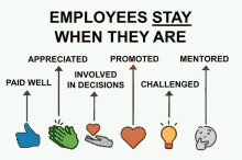 a diagram of employees staying when they are appreciated promoted mentored paid well involved in decisions challenged