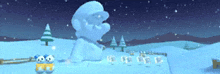 a snowman is standing in the middle of a snowy landscape