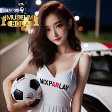 a woman in a white dress is holding a soccer ball with the word mixparlay on it