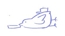 a blue drawing of a bird with a hat on its head