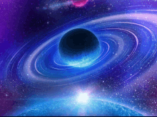 a blue planet with a ring around it in the middle of a galaxy