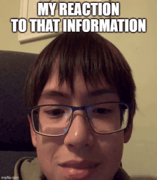 a young boy wearing glasses has a meme on his face that says my reaction to that information