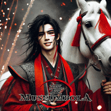 a man in a red and black outfit stands next to a white horse with the words museumbola on the bottom