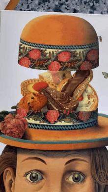 a painting of a woman wearing a hat with a bunch of cakes on it