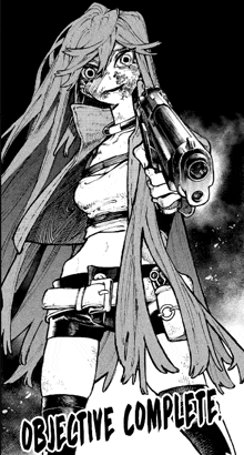 a black and white drawing of a woman holding a gun with the words " objective complete " above her