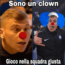 a man with a red nose and a man with a blue clown hat