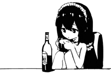 a black and white drawing of a girl sitting at a table holding a cup and a bottle of wine .