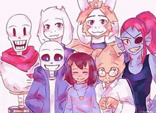 a group of undertale characters standing next to each other and smiling for a picture .