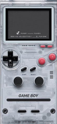 a clear game boy with a screen that says player 1