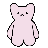 a pink teddy bear with a sad face is standing with its hands in its pockets .