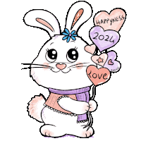 a drawing of a bunny holding a bunch of hearts that say love and happiness