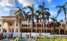 a large building with palm trees in front of it on a cloudy day .