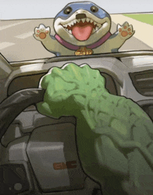 a drawing of a monster driving a car with a dog sticking its head out the window