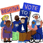 a group of people holding up signs that say register and vote