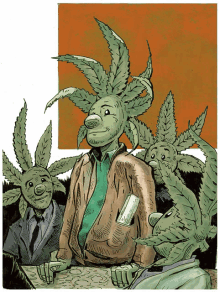 a drawing of a man with a marijuana head