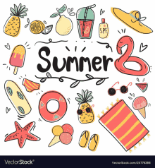 a set of hand drawn summer icons on a white background .