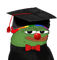 a green frog wearing a graduation cap and red nose