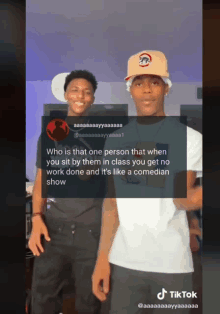 two young men are standing next to each other with a tiktok caption