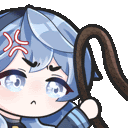 a cartoon girl with blue hair is holding a cane and has an angry expression on her face .